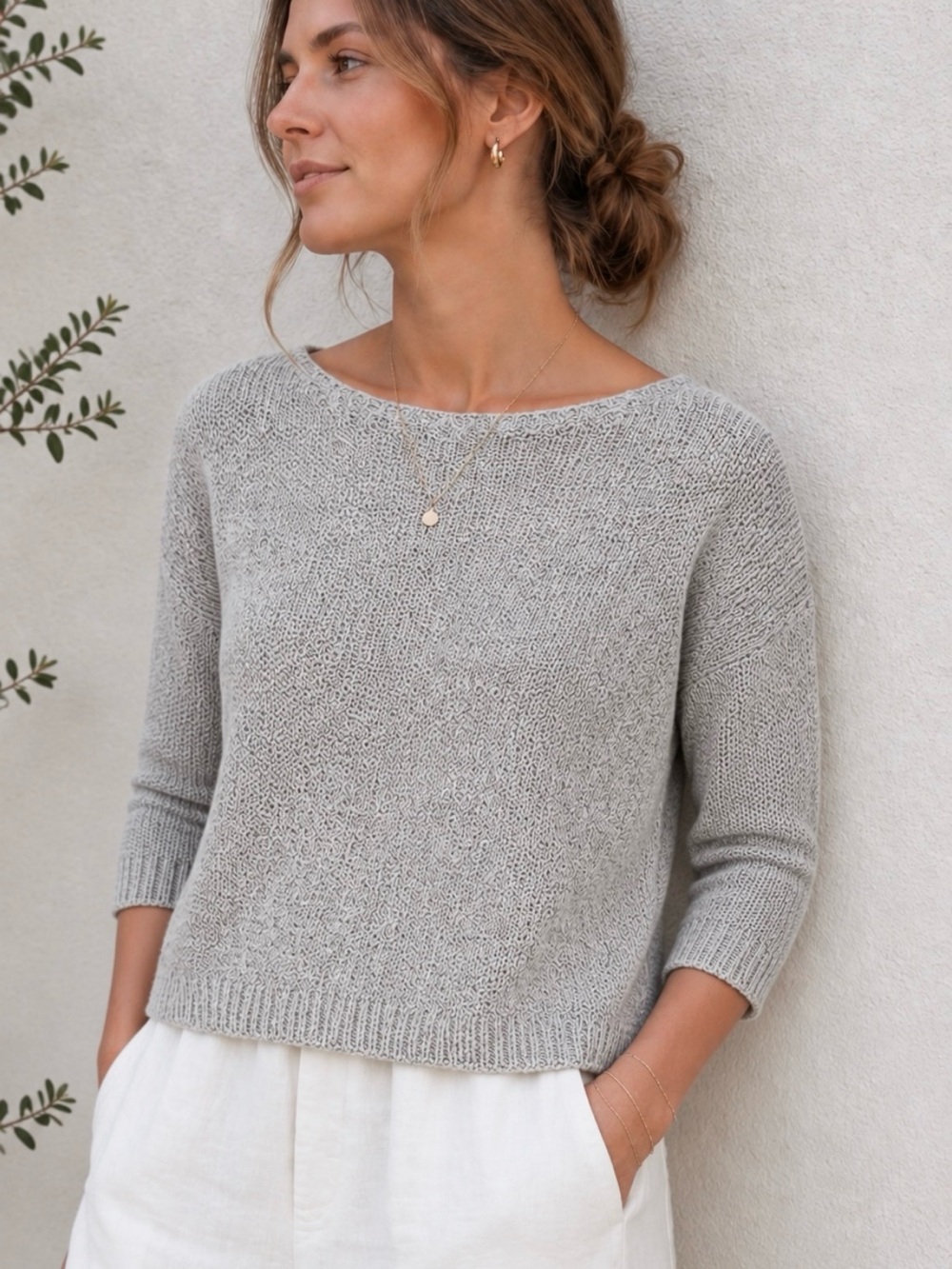 Vince luxury linen cotton Knit Boatneck 3/4 sleeve Sweater oatmeal beige xs